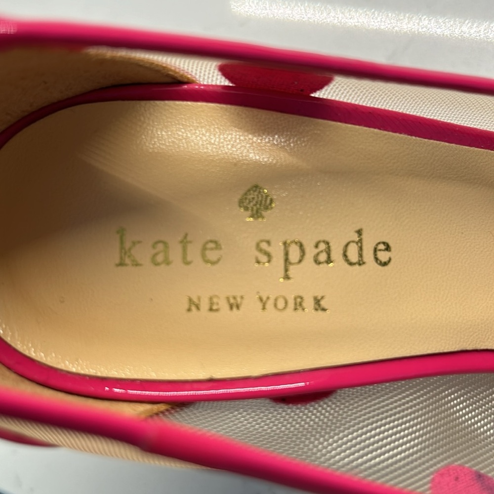 Kate Spade Pink Polka Dot with Mesh and Pink Bow Accents. 2 Inch Heels/Pumps. - Picture 3 of 8
